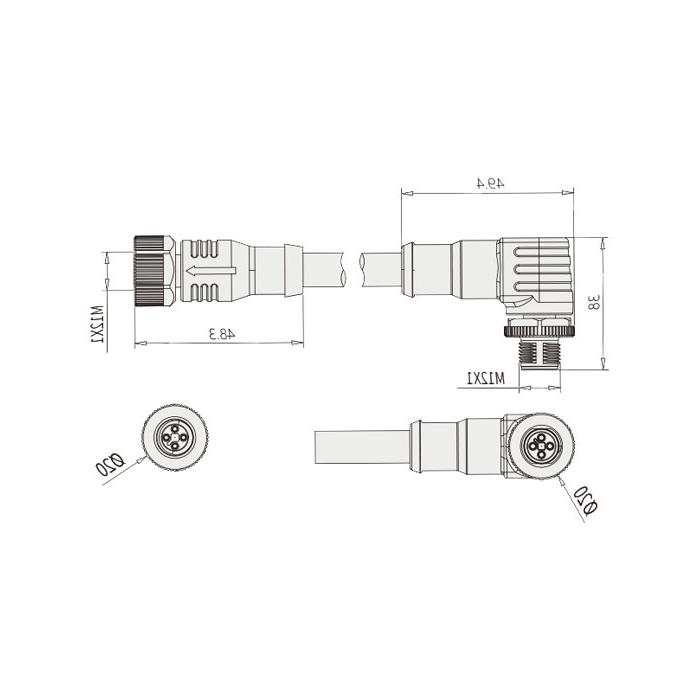 M12 4Pin T-coded, female straight turn male 90°, double end pre-cast PVC non-flexible cable, yellow sheath, 64TD23-XXX